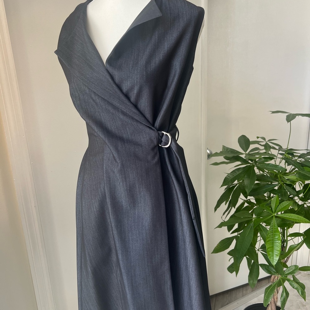 Calvin Klein Collection | Charcoal PetroleumWrap-Effect Dress with Silver Buckle